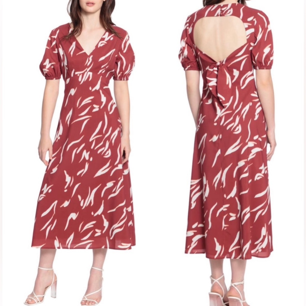 Donna Morgan Red White Orange Open Back Puff sleeves Casual Midi Long Dress